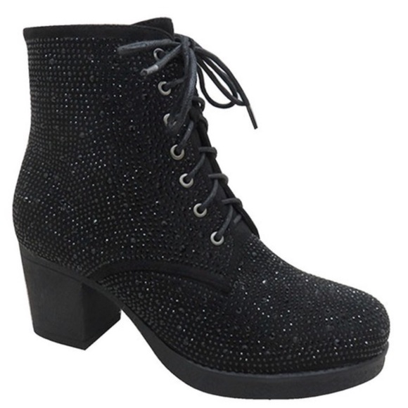 Last Pair! Tan Lace-Up Gold Rhinestone Embellished Heeled Combat Bootie 10 - Picture 5 of 5